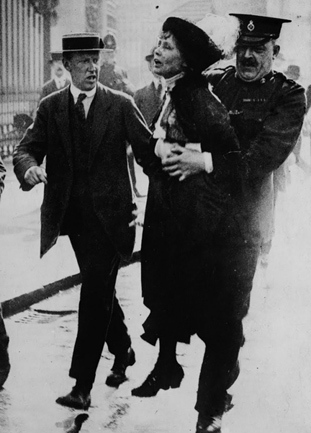 Police arresting British suffragette Emmeline Pankurst